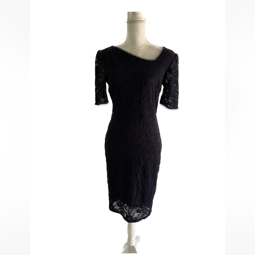 ORSAY NAVY ASYMMETRICAL NECKLINE MIDI LACE DRESS
